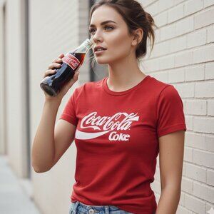 🥤 COCA-COLA Classic Logo Red Graphic Tee Womens S 🥤